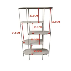 Vue détaillée montrant les dimensions d'une étagère de rangement en fer à plusieurs niveaux
