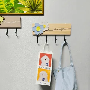 French country solid wood wall coat hook with floral decor, creative entryway wall hanger.