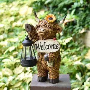 Solar Highland cow resin statue for outdoor garden decor with lantern and Welcome sign