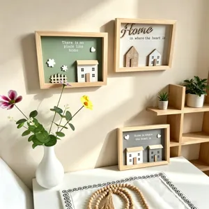 Collection of creative Nordic wooden frames with 3D house art in a warm home setting