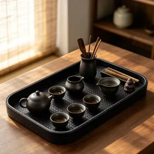 Black woven PU leather rectangular tray holding a traditional dark clay tea set on wood