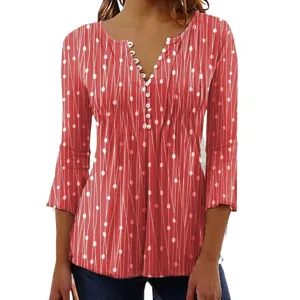 Elegant red V-neck long sleeve blouse with white stripe and dot print pattern