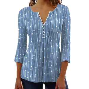 Women's V-neck long sleeve blouse with elegant white pattern and decorative buttons