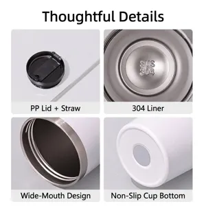 Detailed macro views of 304 stainless steel vacuum insulated tumbler with straw lid