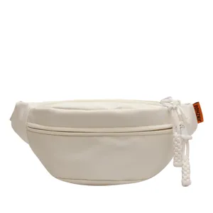 Stylish cream white women's sports waist bag with zipper and braided cord pulls