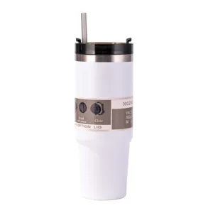 White 30oz vacuum insulated stainless steel travel car tumbler with straw and 3-way lid