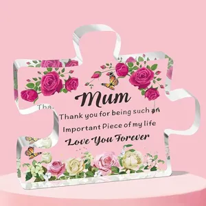 Puzzelstuk acryl plaquette met roze rozen en vlinder, decoratief cadeau voor moederdag ornament