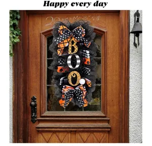 Couronne de porte Halloween BOO faite main avec maille noire et nœuds orange pois