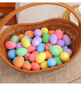 Detailed view of colorful speckled Easter foam eggs with silver foil accents in a wicker basket