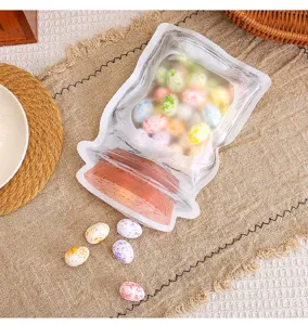 Close-up of jar-shaped gift bag filled with colorful spotted foam Easter eggs