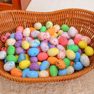 Colorful spotted foam Easter eggs in a woven basket for festive party decoration