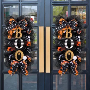 Halloween BOO Couronne Décoration de Porte Noir Orange Filet Nœud Couronne Avec Pois Motif À Carreaux Pour Fête