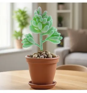 Vista detallada de una suculenta artificial en maceta de terracota para decorar hogar