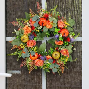 Autumn artificial pumpkin and rose wreath for Thanksgiving front door decoration