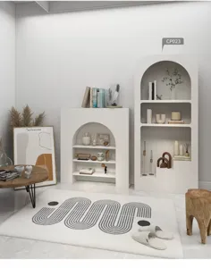 Μινιμαλιστική κρεμ λευκή τοξωτή βιβλιοθήκη και ντουλάπι τζακιού στο σπίτι