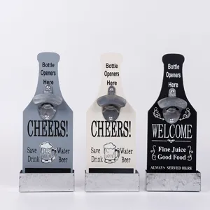 Juego de 3 abridores de botellas de madera para pared con recogedor de chapas retro