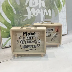 Nordic Wooden Piggy Bank Transparent Money Saving Box Suitcase Shape With Metal Handle Home Desktop Decorative Wood Box