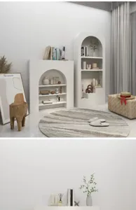 Μινιμαλιστική κρεμ αψιδωτή κονσόλα τζακιού και βιβλιοθήκη σε μοντέρνο στούντιο