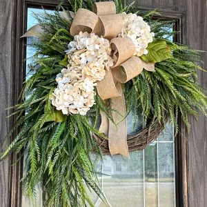 Artificial Hydrangea Wreath Farmhouse Front Door Hanging Decor With Burlap Bow Rustic Green Leaf Wreath For Home Wall Decoration