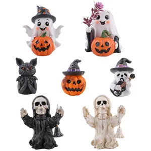 Set of Halloween resin figurines featuring ghosts, pumpkins, and skulls for festive decor.