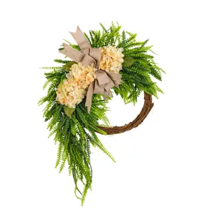 Farmhouse artificial hydrangea wreath with green ferns and burlap bow on white background