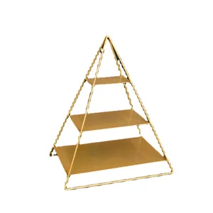 Elegant 3-tier triangular gold metal dessert stand for wedding cake and pastry display