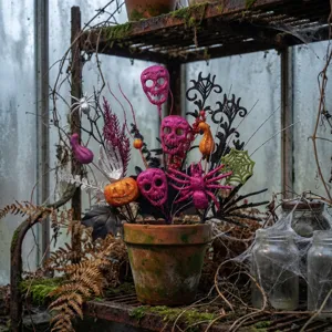 Glitzernde pinkfarbene Totenkopf und Spinne Halloween Blumenstecker für Tischdeko