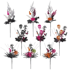 Sortiment an glitzernden Halloween Blumenspießen mit Totenköpfen und Spinnen für Party Deko