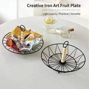 Nordische Moderne Holle IJzeren Fruitmand Metalen Snack Opbergkom Met Houten Kralen Handvat Geometrische Draad Broodmand Keuken Tafel Decoratie