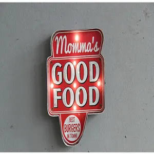 Rotes LED-Metallwandschild im Vintage-Stil mit Momma's Good Food Burger-Design