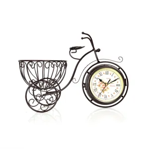 Vintage Eisen Fahrrad Uhr mit Blumenkorb Kreative Desktop Tischdeko Ornament Neu Art