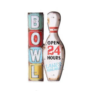 Vintage bowling LED metal sign wall decor for cafes and bars with open 24 hours text