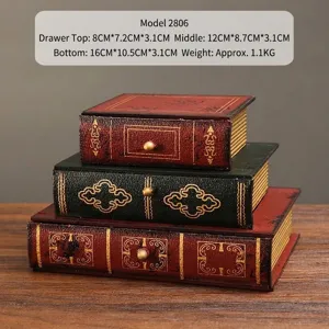 Lot de 3 boîtes à bijoux en bois rétro en forme de livre avec motifs dorés gaufrés