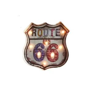 Vintage US Route 66 Metallwanddeko mit LED-Leuchten für Bar und Café Dekoration