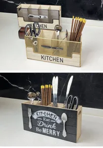 Detail of wooden kitchen cutlery organizer with mesh design and vintage print