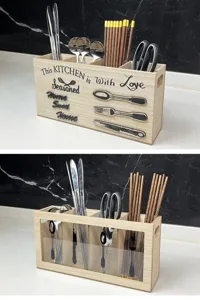 Wooden kitchen utensil organizer with 4 compartments for cutlery and chopsticks