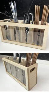 Detailed view of wooden cutlery organizer showing multiple compartments and utensil icons.