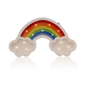 Nordic wooden rainbow LED night light with warm white bulbs on white background