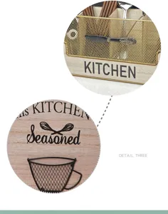 Detailed close-up of wooden cutlery organizer with gold mesh and kitchen typography.