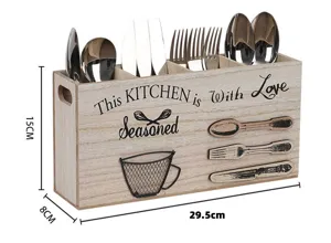 Close-up detail of a wooden kitchen utensil organizer with 15cm height and 29.5cm length