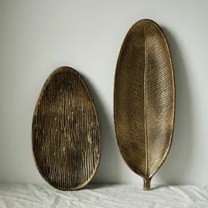 French vintage golden wooden leaf and oval decorative trays for home tabletop storage