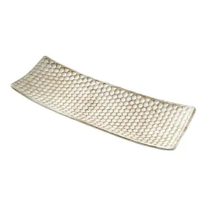 Rustic French style rectangular wooden snack tray with honeycombed texture on white background
