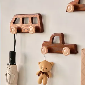 Cute Cartoon Wooden Car Wall Hook Decorative Apparel Coat Hanger Utility Rack For Entryway Kids Room Nursery Home Decor