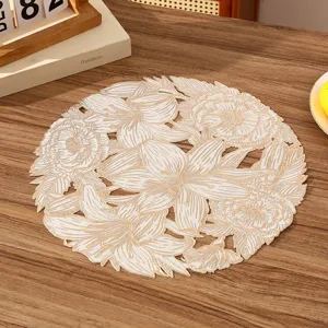 Detailed close-up view of French romantic floral lace PVC placemat for dining table