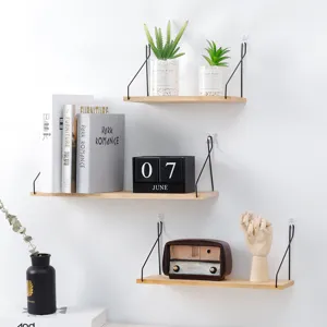 Modern Wood Floating Wall Shelves With Metal Brackets For Storage Home Decor Living Room Office Flower Shop Hanging Rack