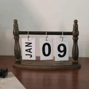 Nordic style dark wooden flip desk calendar with English month and date cards