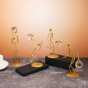 Set of 4 gold iron basketball figurines with crystal balls for home and office decor
