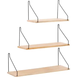 Set of 3 wooden wall floating shelves with black metal brackets for home decor.