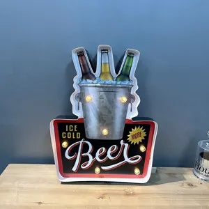 Vintage LED beer bucket wall sign with warm glowing lights for bar and pub decor.