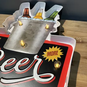 Vintage industrial LED beer bucket wall sign detail with warm glowing light bulbs